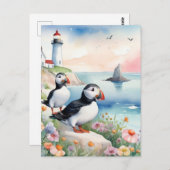 Puffins bij het Zee - Ocean Flowers & Lighthouse Briefkaart (Voorkant / Achterkant)