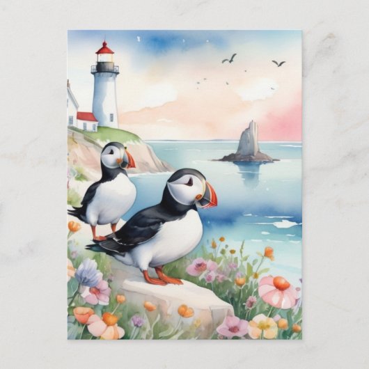 Puffins bij het Zee - Ocean Flowers & Lighthouse Briefkaart (Voorkant)