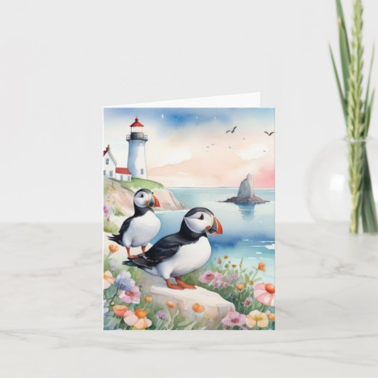 Puffins bij het Zee - Ocean Flowers & Lighthouse Kaart (Voorkant)
