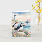 Puffins bij het Zee - Ocean Flowers & Lighthouse Kaart (Gele Bloem)