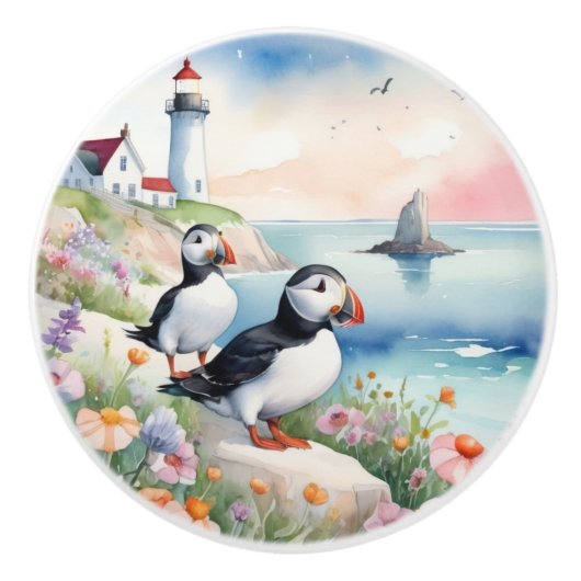 Puffins bij het Zee - Ocean Flowers & Lighthouse Keramische Knop (Voorkant)