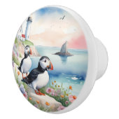 Puffins bij het Zee - Ocean Flowers & Lighthouse Keramische Knop (Rechts)