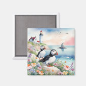 Puffins bij het Zee - Ocean Flowers & Lighthouse Magneet (Voorkant / Achterkant)