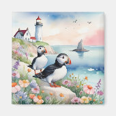 Puffins bij het Zee - Ocean Flowers & Lighthouse Magneet (Voorkant)