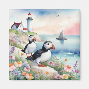 Puffins bij het Zee - Ocean Flowers & Lighthouse Magneet