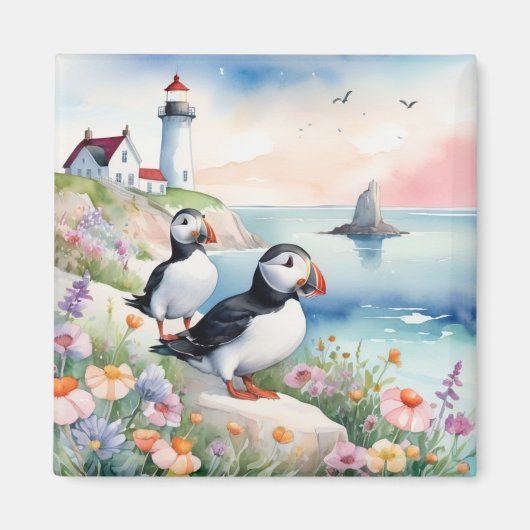 Puffins bij het Zee - Ocean Flowers & Lighthouse Magneet (Voorkant)
