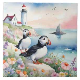 Puffins bij het Zee - Ocean Flowers & Lighthouse Tegeltje
