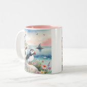 Puffins bij het Zee - Ocean Flowers & Lighthouse Tweekleurige Koffiemok (Voorkant links)
