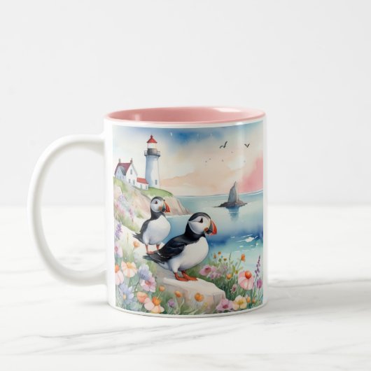 Puffins bij het Zee - Ocean Flowers & Lighthouse Tweekleurige Koffiemok (Links)