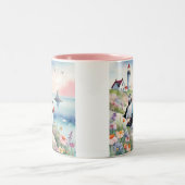 Puffins bij het Zee - Ocean Flowers & Lighthouse Tweekleurige Koffiemok (Center)