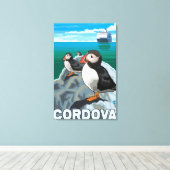 Puffins & Cruise Ship - Cordova, Alaska Canvas Afdruk (Insitu (Houten vloer))