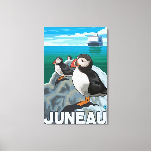 Puffins & Cruise Ship - Juneau, Alaska Canvas Afdruk (Voorkant)