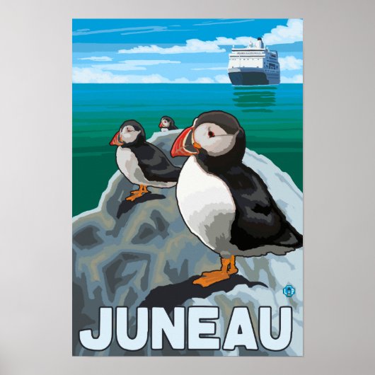Puffins & Cruise Ship - Juneau, Alaska Poster (Voorkant)