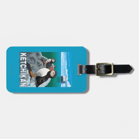 Puffins & Cruise Ship - Ketchikan, Alaska Bagagelabel (Voorkant horizontaal)