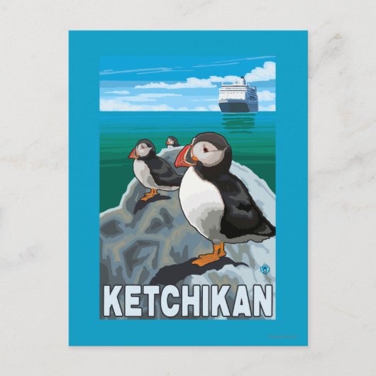Puffins & Cruise Ship - Ketchikan, Alaska Briefkaart (Voorkant)