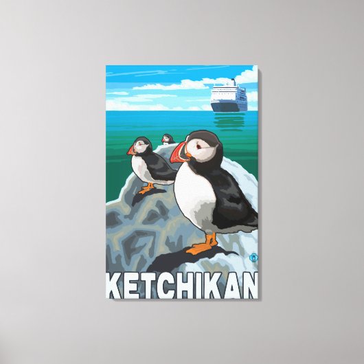 Puffins & Cruise Ship - Ketchikan, Alaska Canvas Afdruk (Voorkant)