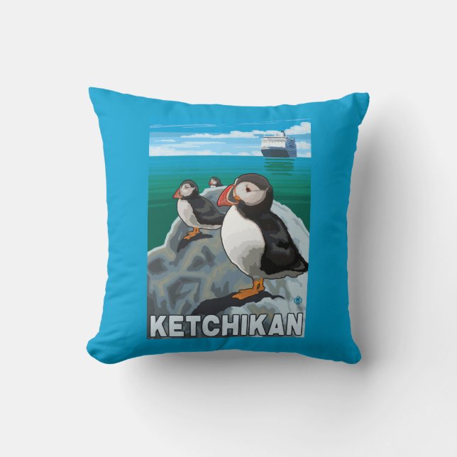Puffins & Cruise Ship - Ketchikan, Alaska Kussen (Voorkant)