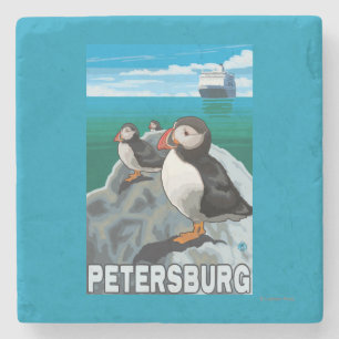 Puffins & Cruise Ship - Petersburg, Alaska Stenen Onderzetter