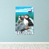 Puffins & Cruise Ship - Seldovia, Alaska Canvas Afdruk (Insitu (Houten vloer))