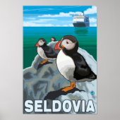 Puffins & Cruise Ship - Seldovia, Alaska Poster (Voorkant)