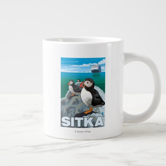Puffins & Cruise Ship - Sitka, Alaska Grote Koffiekop (Rechts)