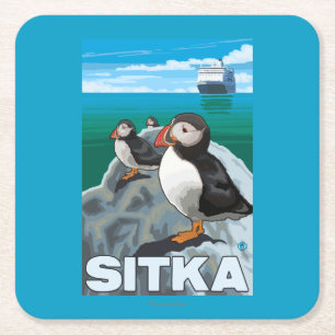 Puffins & Cruise Ship - Sitka, Alaska Kartonnen Onderzetters