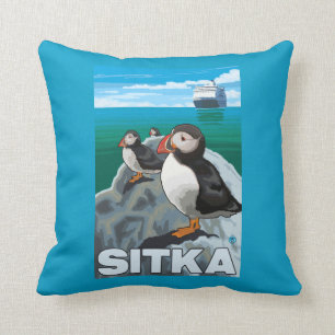 Puffins & Cruise Ship - Sitka, Alaska Kussen