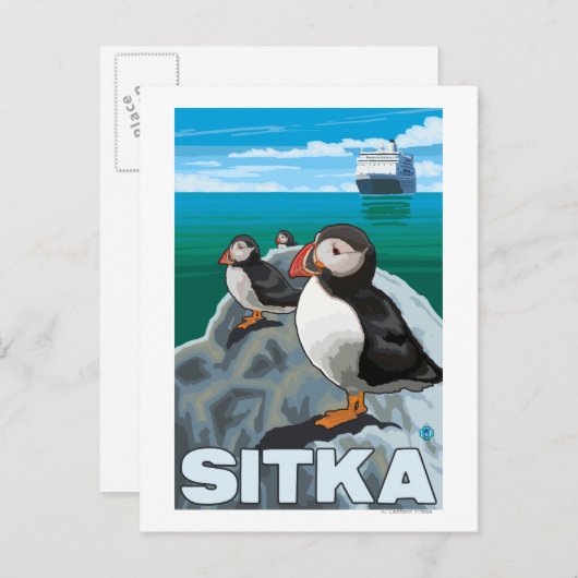 Puffins & Cruise Ship - Sitka Briefkaart (Voorkant / Achterkant)