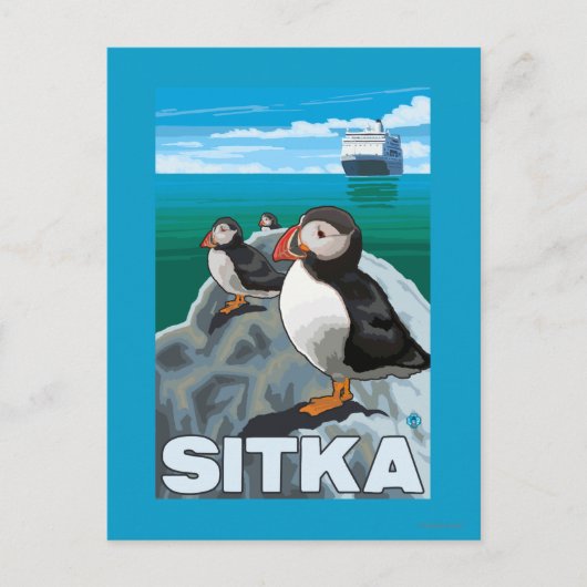 Puffins & Cruise Ship - Sitka Briefkaart (Voorkant)