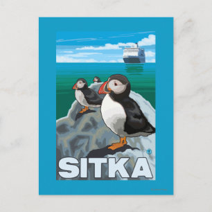 Puffins & Cruise Ship - Sitka Briefkaart