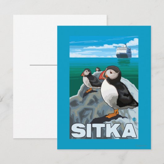 Puffins & Cruise Ship - Sitka Briefkaart (Voorkant / Achterkant)