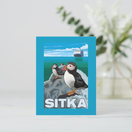 Puffins & Cruise Ship - Sitka Briefkaart (Staand voorkant)