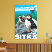 Puffins & Cruise Ship - Sitka Canvas Afdruk (Insitu (Woonkamer))