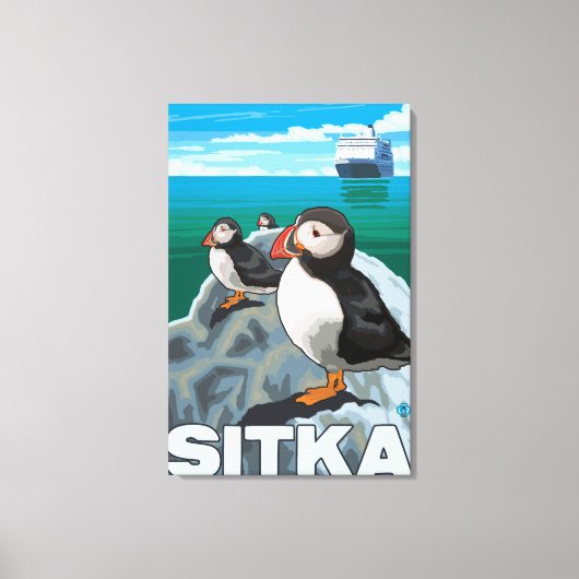 Puffins & Cruise Ship - Sitka Canvas Afdruk (Voorkant)