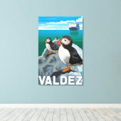 Puffins & Cruise Ship - Valdez, Alaska Canvas Afdruk (Insitu (Houten vloer))