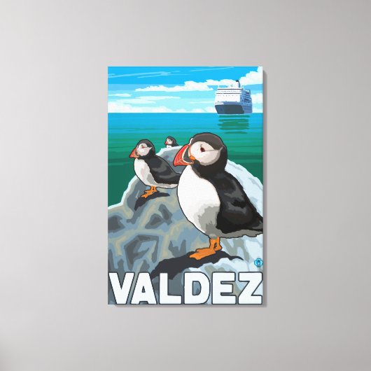 Puffins & Cruise Ship - Valdez, Alaska Canvas Afdruk (Voorkant)