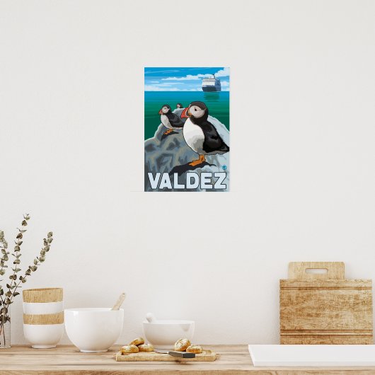 Puffins & Cruise Ship - Valdez, Alaska Poster (Keuken)
