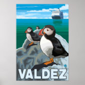Puffins & Cruise Ship - Valdez, Alaska Poster (Voorkant)