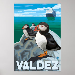 Puffins & Cruise Ship - Valdez, Alaska Poster