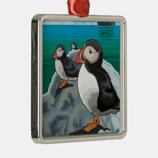 Puffins kijken naar een cruiseschip metalen ornament (Rechts)