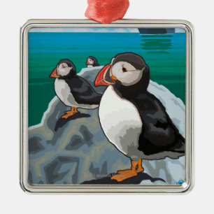 Puffins kijken naar een cruiseschip metalen ornament