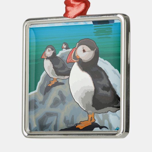 Puffins kijken naar een cruiseschip metalen ornament (Links)