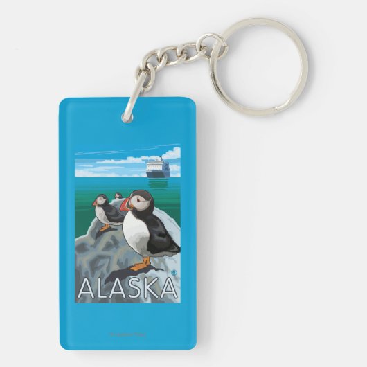 Puffins kijken naar een cruiseschip sleutelhanger (achterkant)
