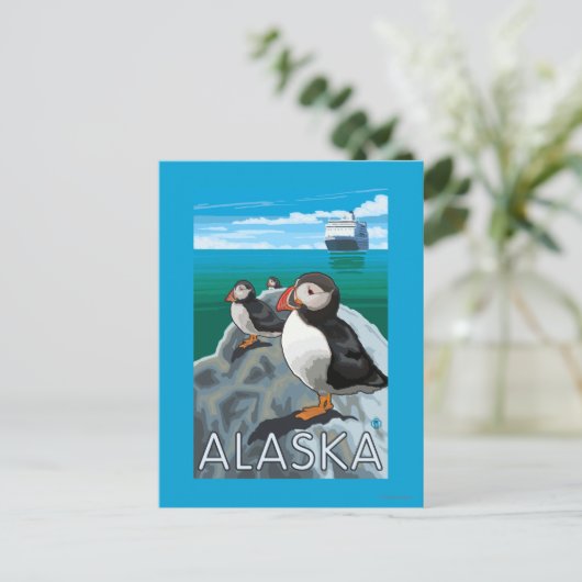 Puffins watching a Cruise Ship Briefkaart (Staand voorkant)