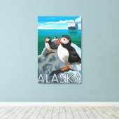 Puffins watching a Cruise Ship Canvas Afdruk (Insitu (Houten vloer))