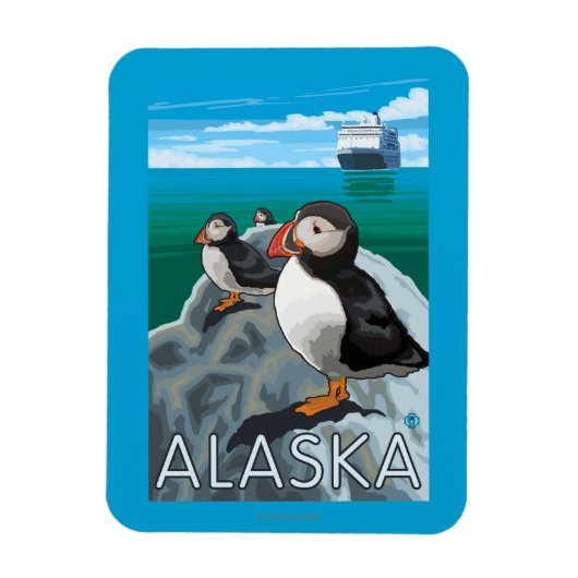 Puffins watching a Cruise Ship Magneet (Verticaal)