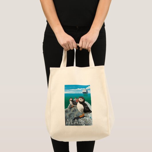 Puffins watching a Cruise Ship Tote Bag (Voorkant (product))