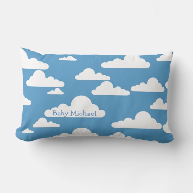 Puffy Clouds Blue Sky Custom Baby Kinder Name Kussen (Voorkant)