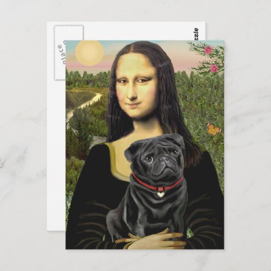 Pug 16 (zwart) - Mona Lisa Briefkaart (Voorkant / Achterkant)