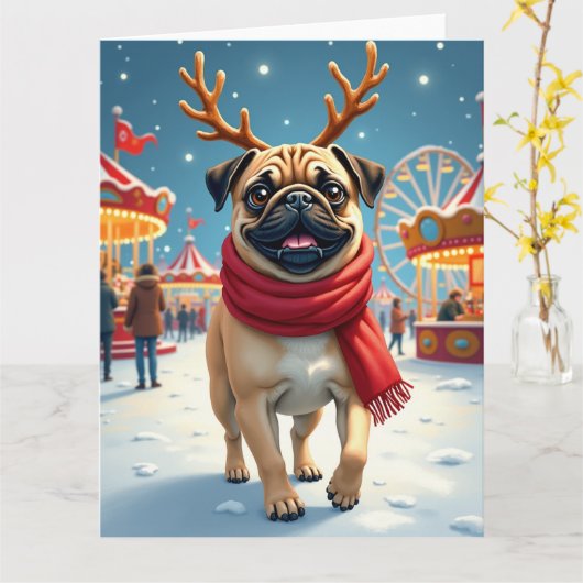 Pug at the Winter Fairgrounds Christmas Painting Kaart (Gele Bloem)